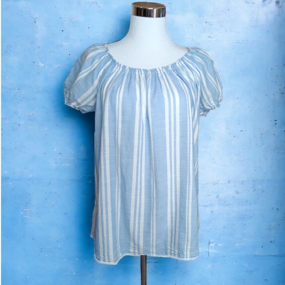 VINTAGE Y2K 2000s Blouse Top Size XL Flowy On or Off Shoulder Blue White Stripes